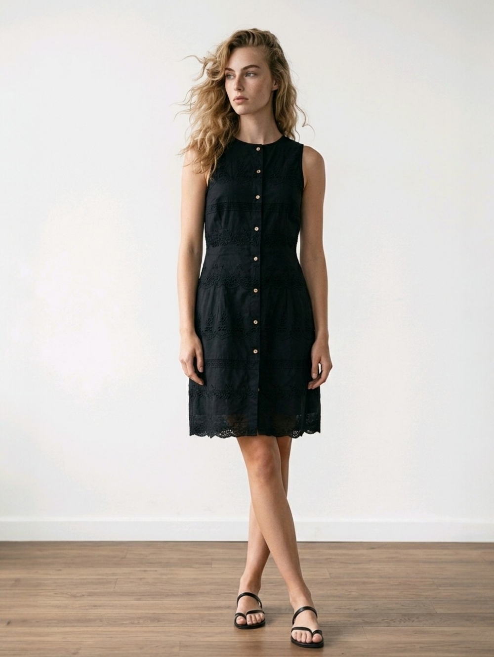 NWT Vintage 90's Y2K Todd Oldham Eyelet Sheath Dress Button Front Black Sheer